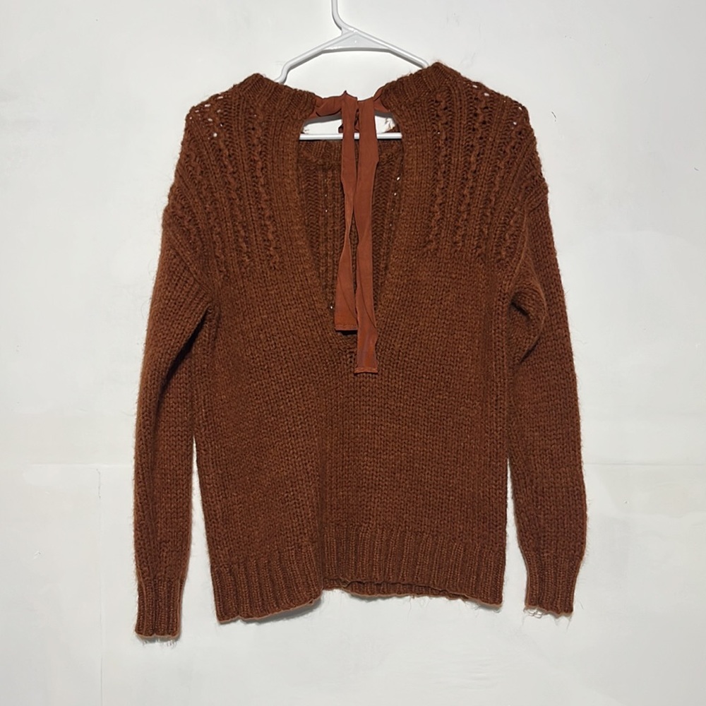 Aerie Rust Orange Knit Chunky Tie Open Back Wool Alpaca Mix Sweater Size XS - Picture 6 of 10